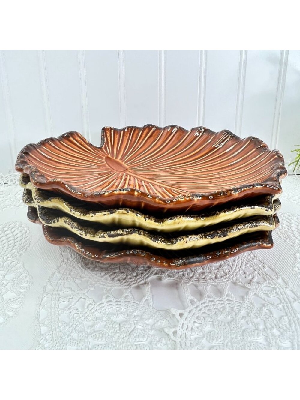 Tabletops Gallery Be Green Lotus Leaf Plates Set of 4 Ceramic Hand Painted Fall